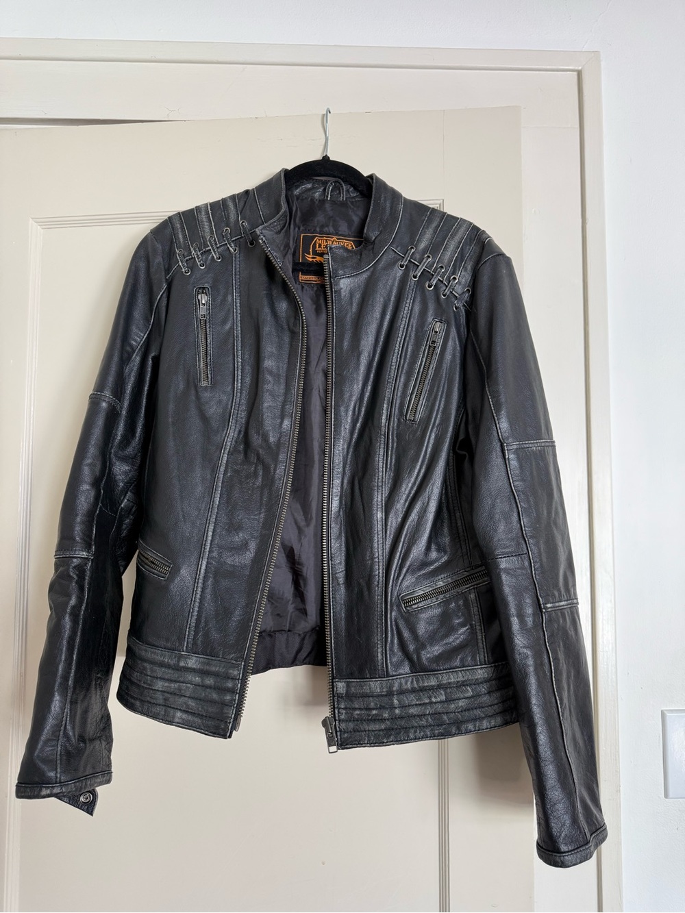 Women's Black Leather Jacket with Zip Detail -